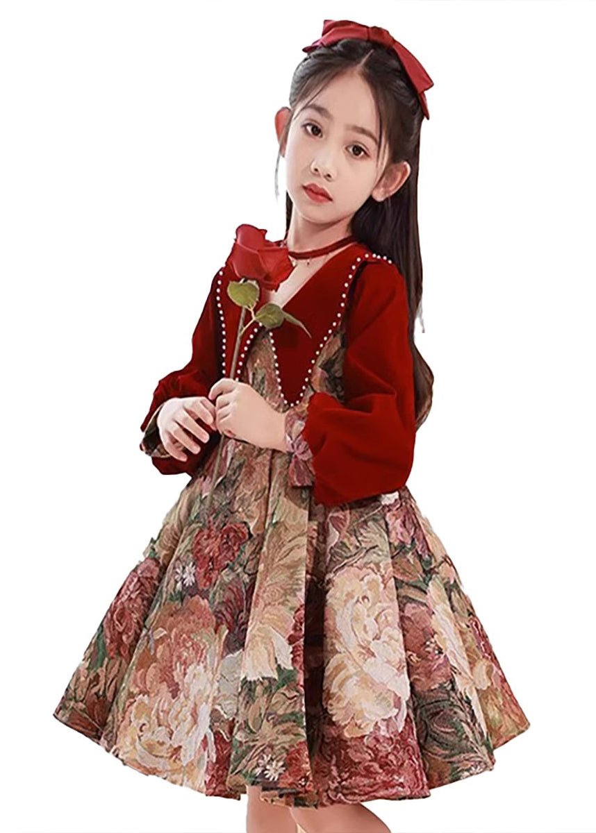 Vintage Collar Pan Dress Peter Red Print Kids Maxi Spring FashionChic