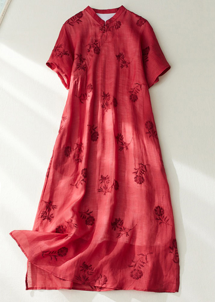 Vintage Red Stand Collar Side Open Layered Maxi Dress Short Sleeve VV089 HS-SDL240627