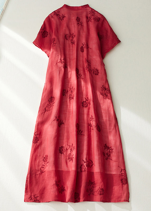 Vintage Red Stand Collar Side Open Layered Maxi Dress Short Sleeve VV089 HS-SDL240627