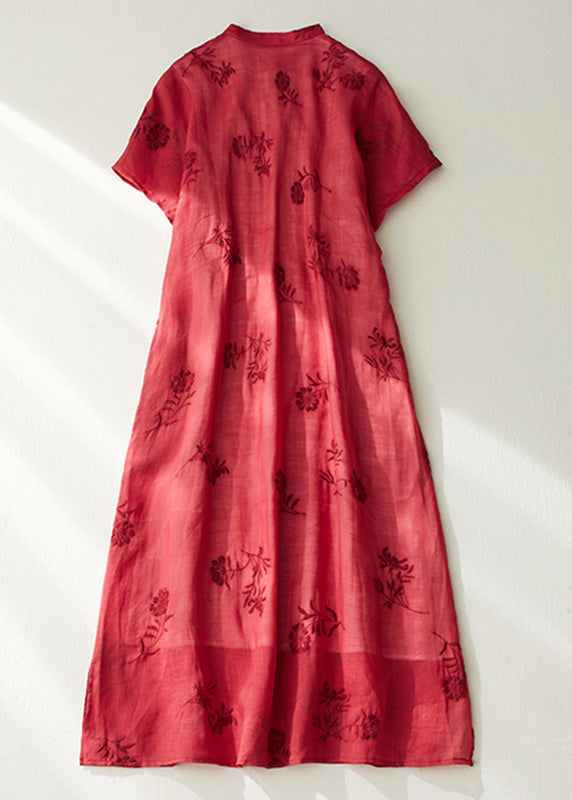 Vintage Red Stand Collar Side Open Layered Maxi Dress Short Sleeve VV089 HS-SDL240627