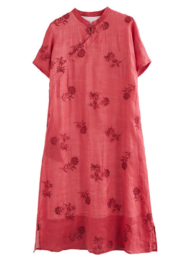 Vintage Red Stand Collar Side Open Layered Maxi Dress Short Sleeve VV089 HS-SDL240627