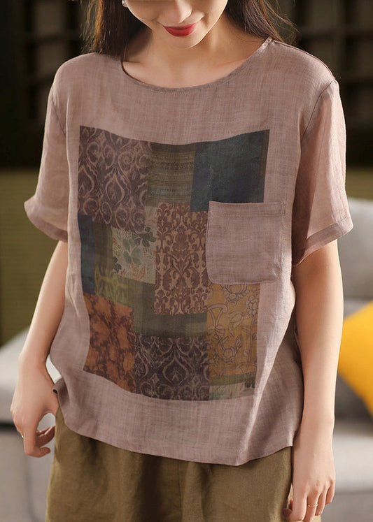 Skin Summe Pockets O Linen T Vintage Shirts Print Neck Pink FashionChic