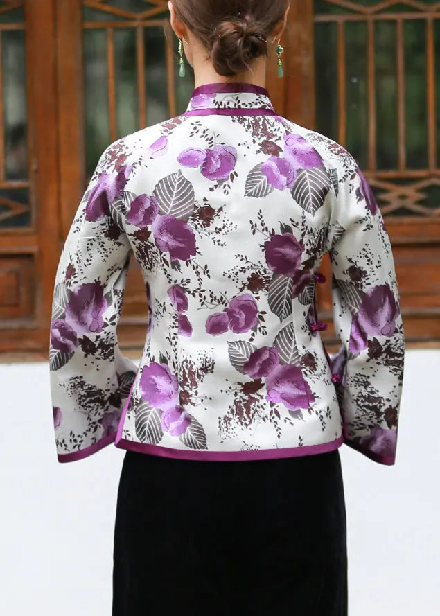 Vintage White Print Button Patchwork Silk Blouses Flare Sleeve Ada Fashion