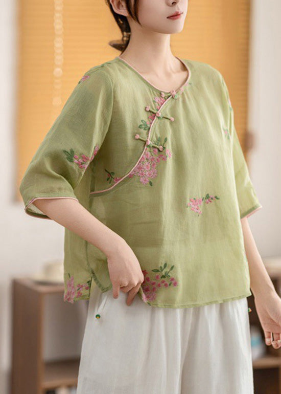 O Oriental Neck Linen Button Shirt Summer Vintage Yellow FashionChic