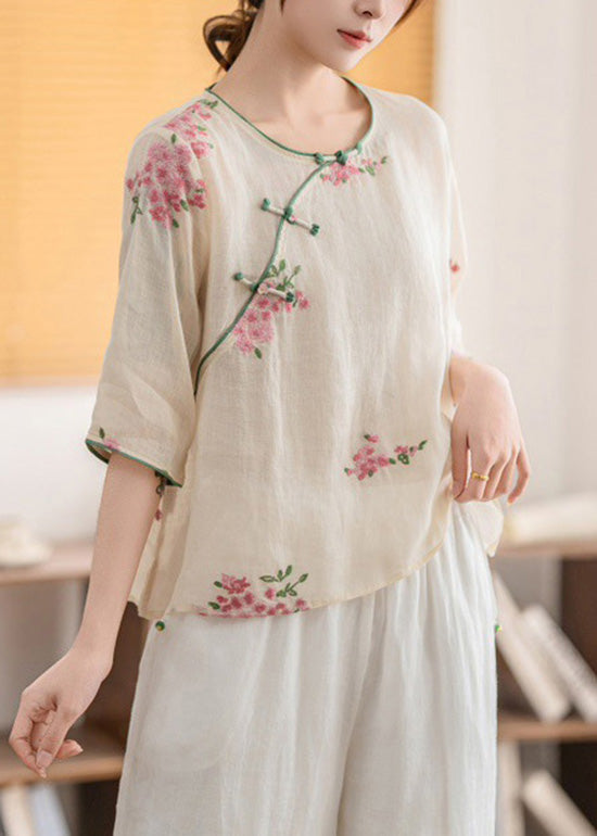 O Oriental Neck Linen Button Shirt Summer Vintage Yellow FashionChic