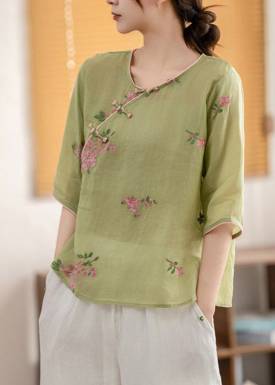O Oriental Neck Linen Button Shirt Summer Vintage Yellow FashionChic