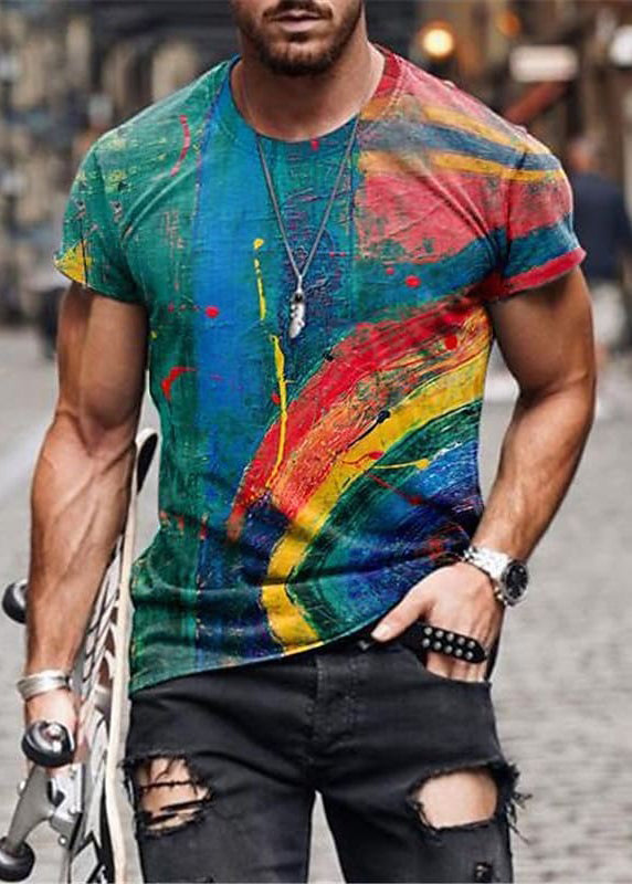 Cotton Patchwork Yellow Summer Mens Vintage Print T Shirts FashionChic