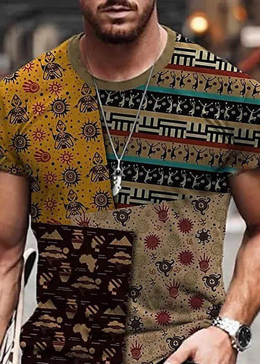 Cotton Patchwork Yellow Summer Mens Vintage Print T Shirts FashionChic