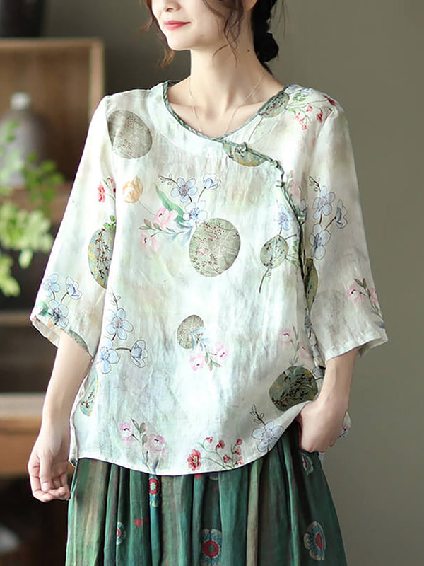 Plus Size Vintage Floral O-neck Women Ramie Shirt TY1049 Ada Fashion