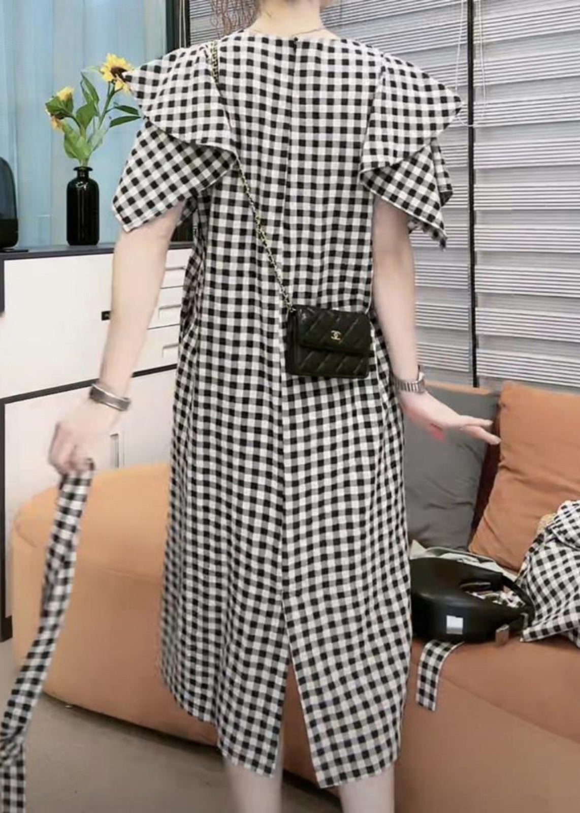 Vogue Black Plaid Tie Waist Long Dresses Short Sleeve VB1046 Ada Fashion