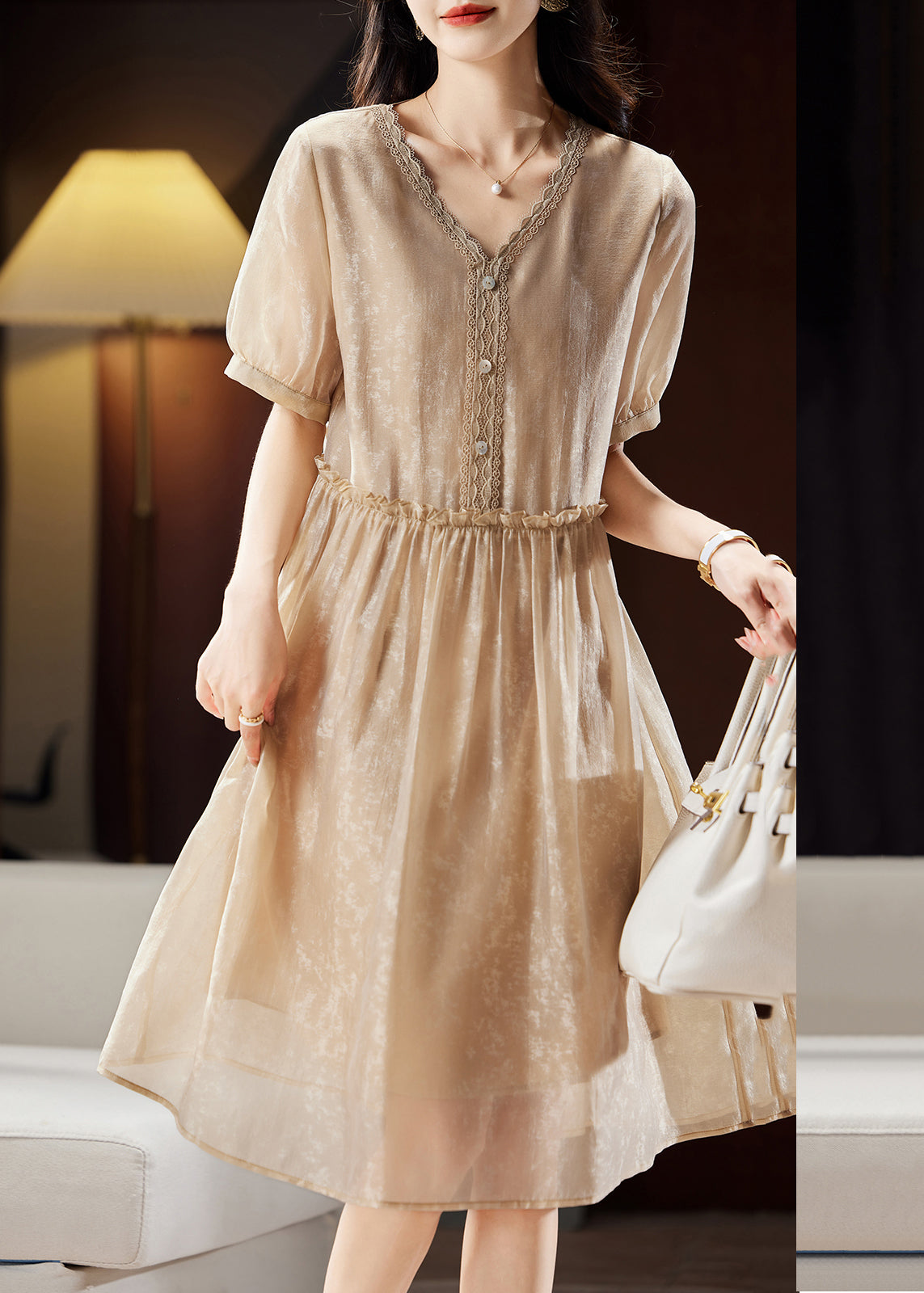 Vogue Champagne Ruffled V Neck Lace Patchwork Maxi Dresses Summer WW046 OL-SDL240812