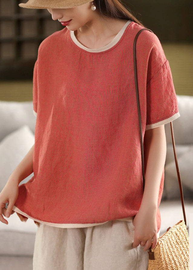T Patchwork Neck Red O Solid Watermelon Button Linen Shirt Summer FashionChic