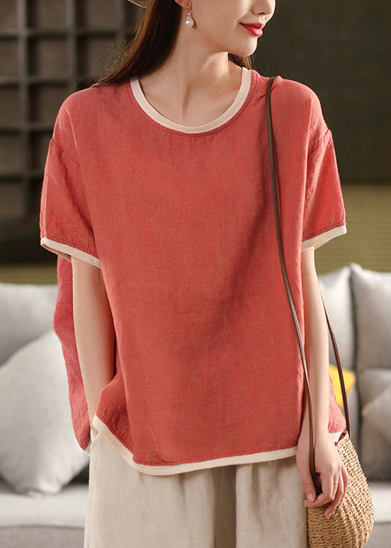 T Patchwork Neck Red O Solid Watermelon Button Linen Shirt Summer FashionChic