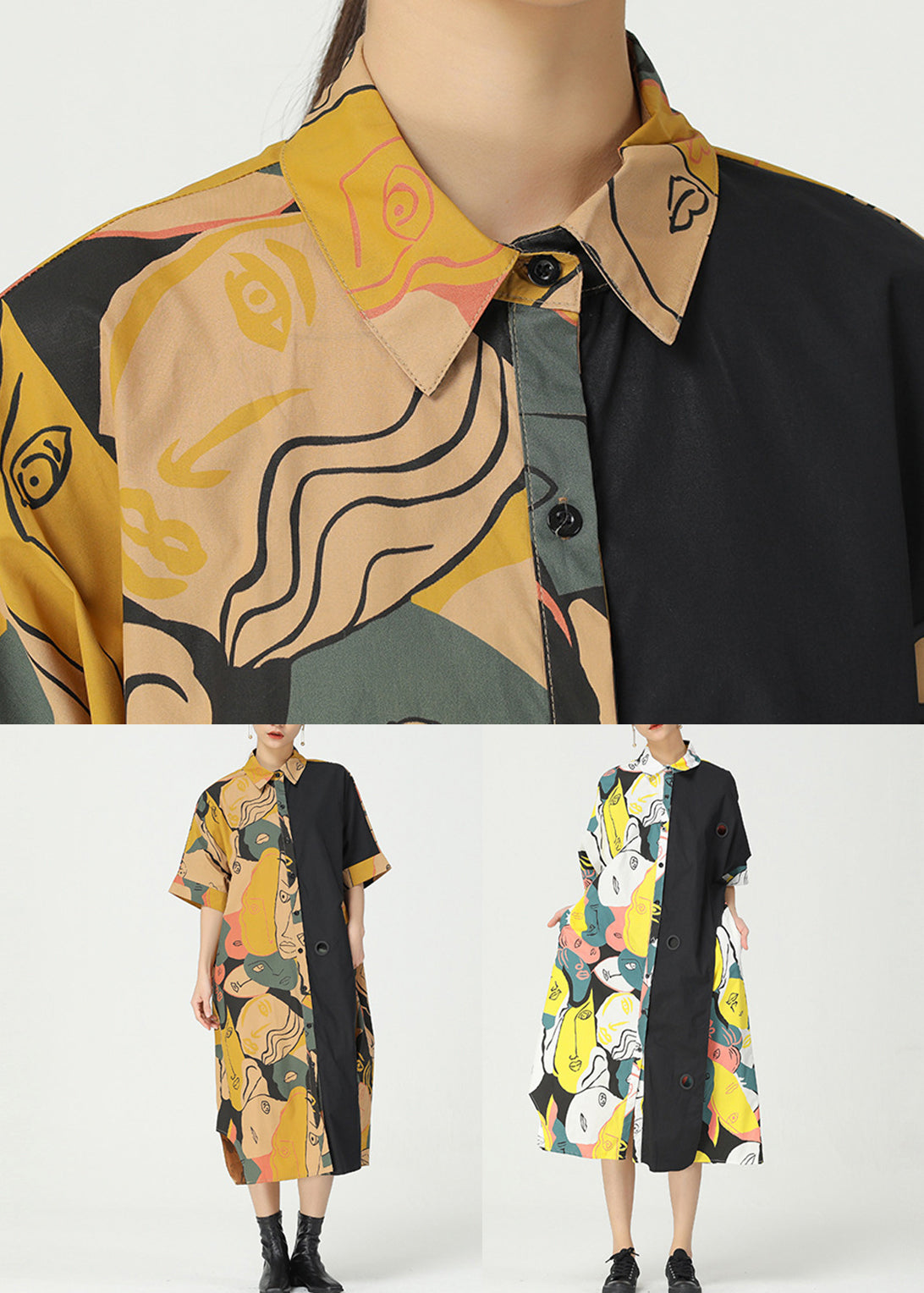 White Button Patchwork Cotton Blouses Dresses Peter Pan Collar Summer AA1034 Ada Fashion