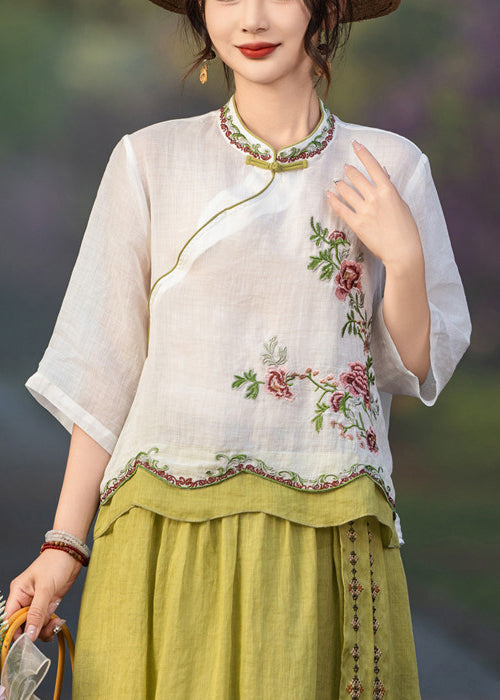 Button White Linen Embroidered Blouses Patchwork Summer FashionChic