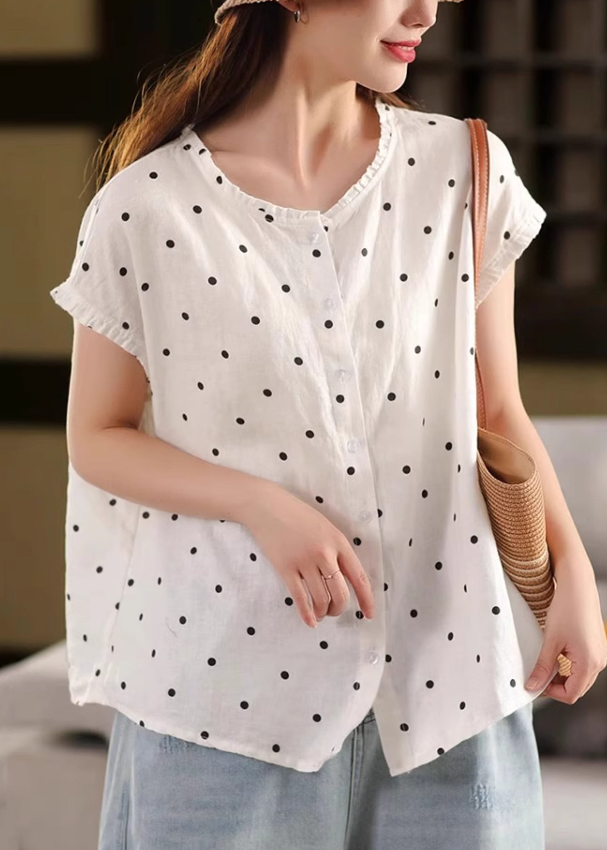 Print Shirt Linen Ruffled White Button Summer FashionChic