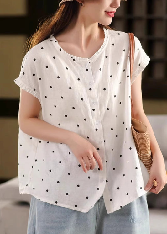 Print Shirt Linen Ruffled White Button Summer FashionChic