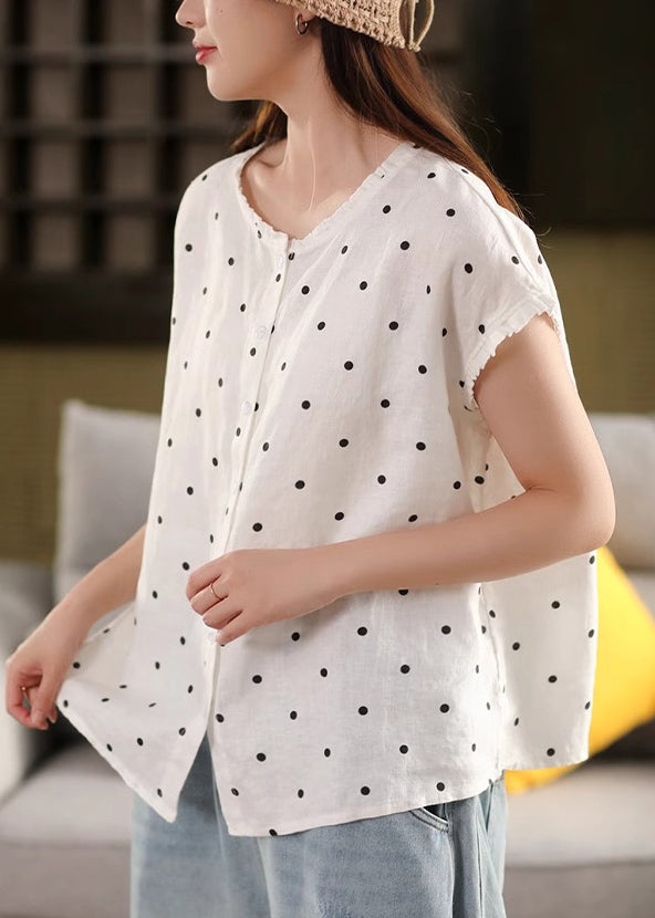 Print Shirt Linen Ruffled White Button Summer FashionChic