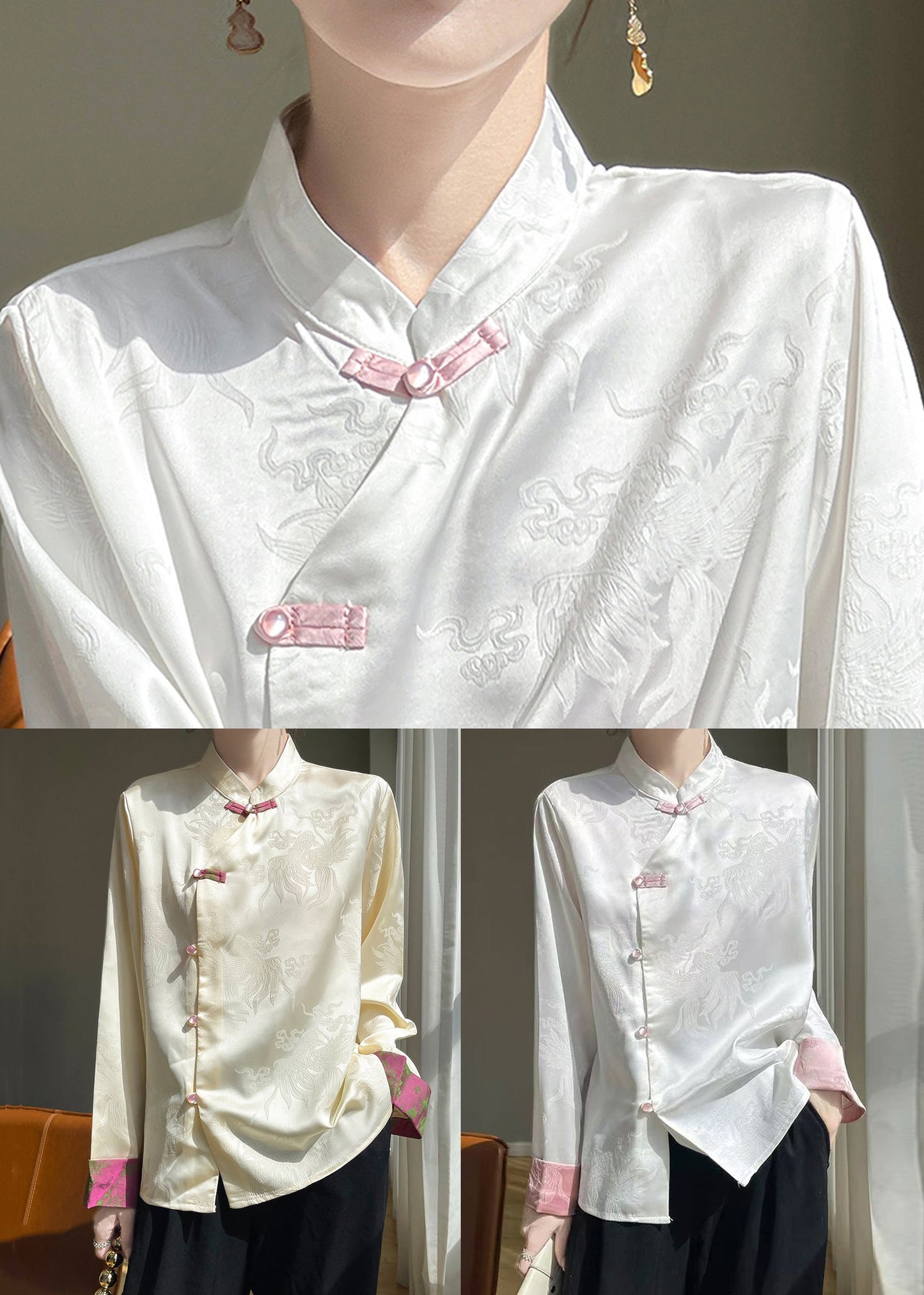White Button Silk Shirts Stand Collar Long Sleeve AB1037 Genistyle Shop