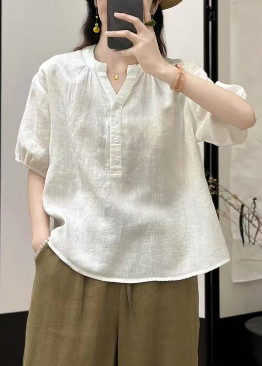 Solid V Neck Linen Summer White Shirts Button FashionChic