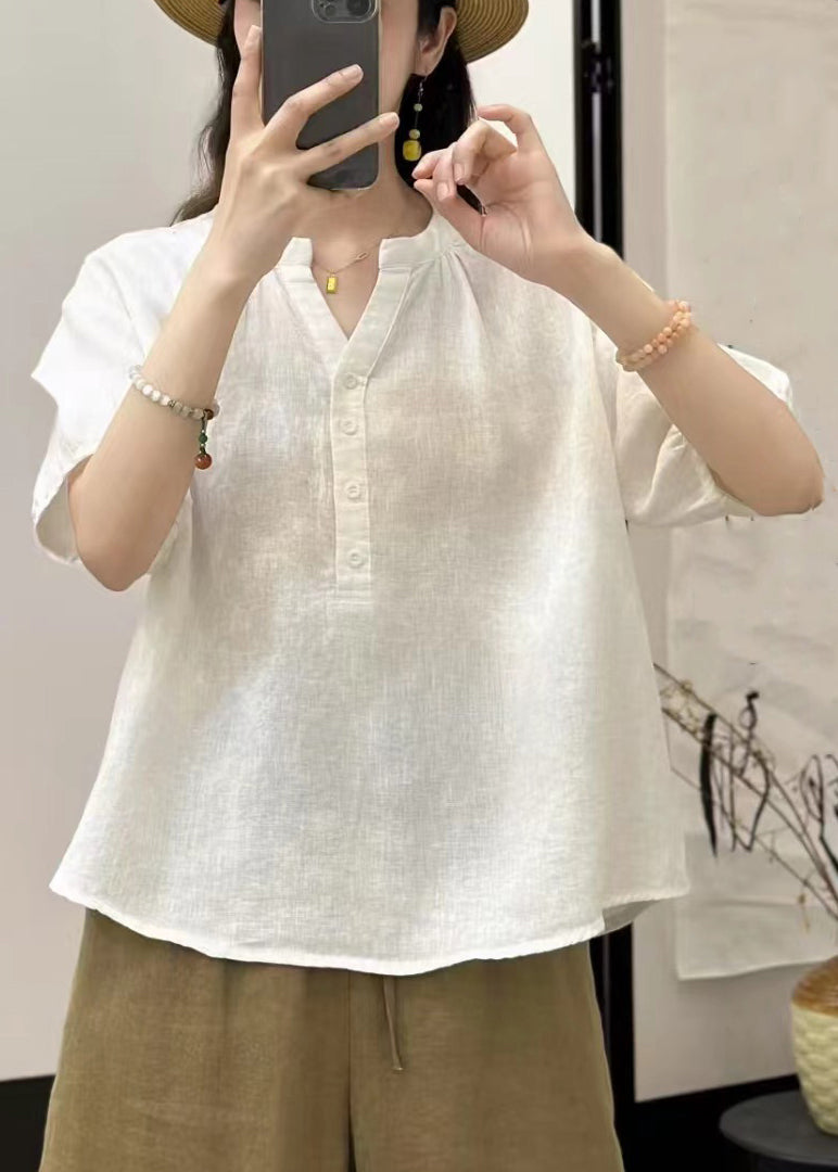 Solid V Neck Linen Summer White Shirts Button FashionChic