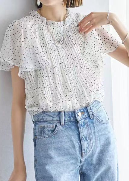 Top White Cloak Sleeves Dot Oversized Chiffon Wrinkled FashionChic