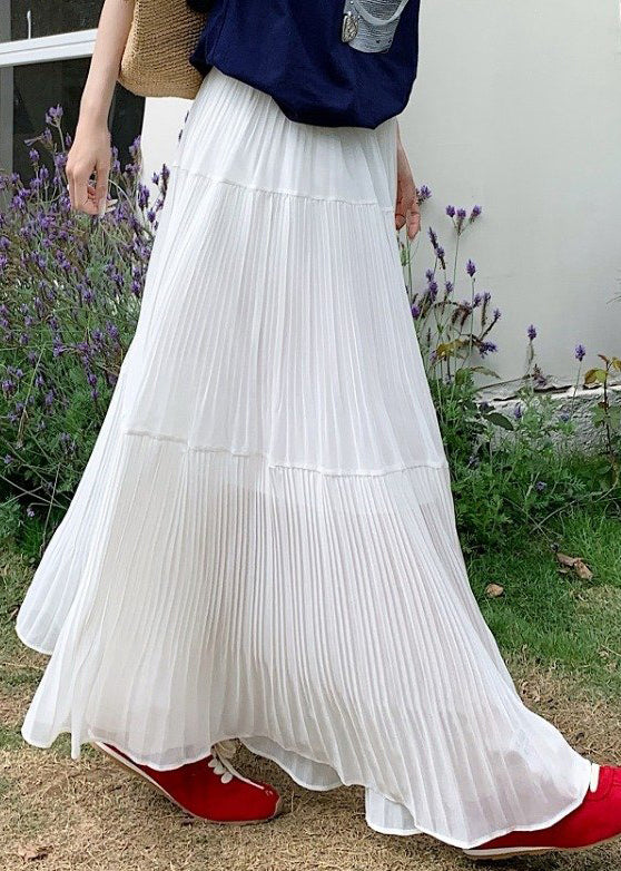 White Solid Maxi Elastic Wrinkled Chiffon Skirts Waist FashionChic