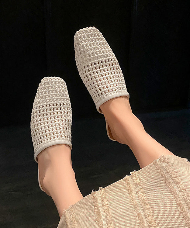 Hollow Slide Out White Sandals Leather Boutique Faux Weave FashionChic