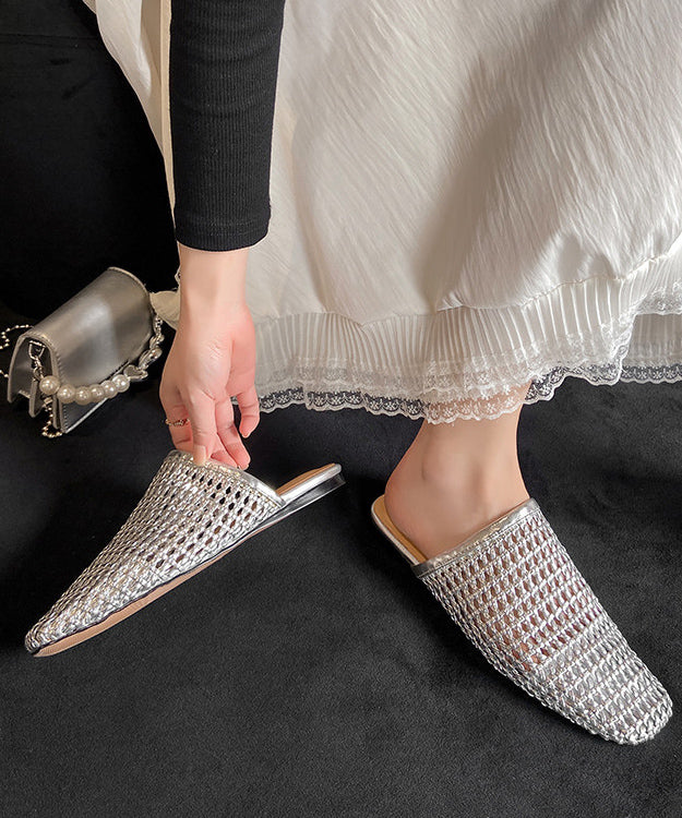 Hollow Slide Out White Sandals Leather Boutique Faux Weave FashionChic