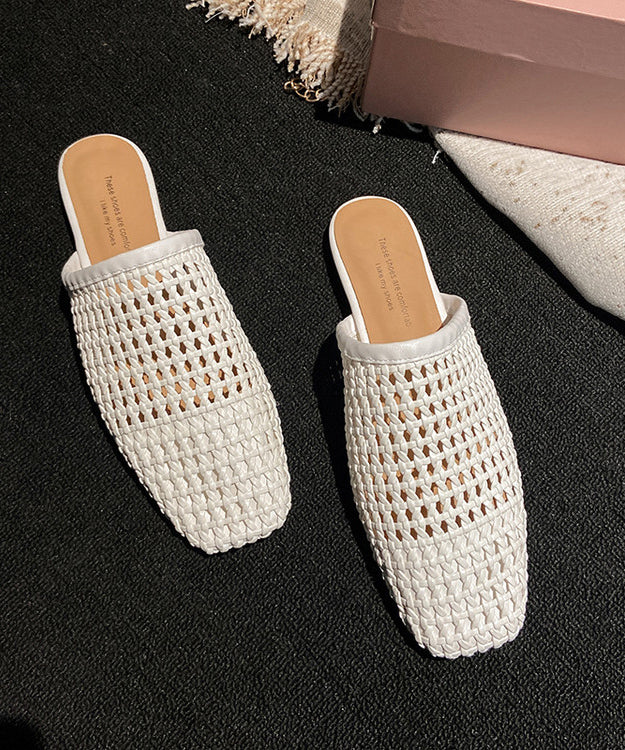 Hollow Slide Out White Sandals Leather Boutique Faux Weave FashionChic