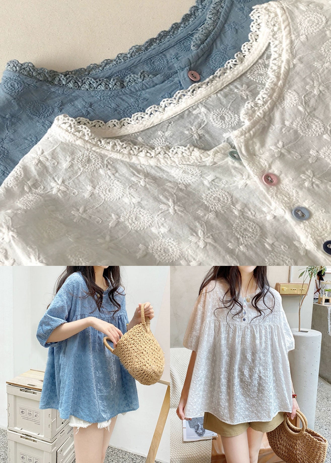 White O-Neck Lace Patchwork Shirts Summer BV034 MZF-STP240702