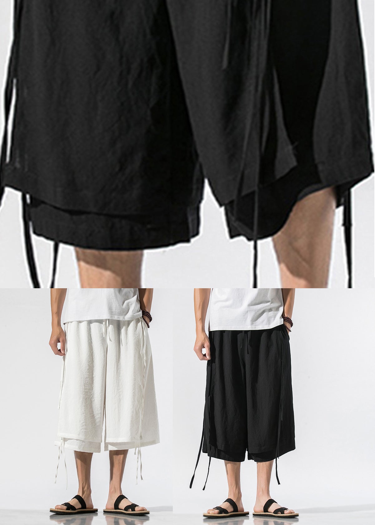 White Pockets Elastic Waist Men Crop Pants Summer YT022 Men-Silk-MENCP240721