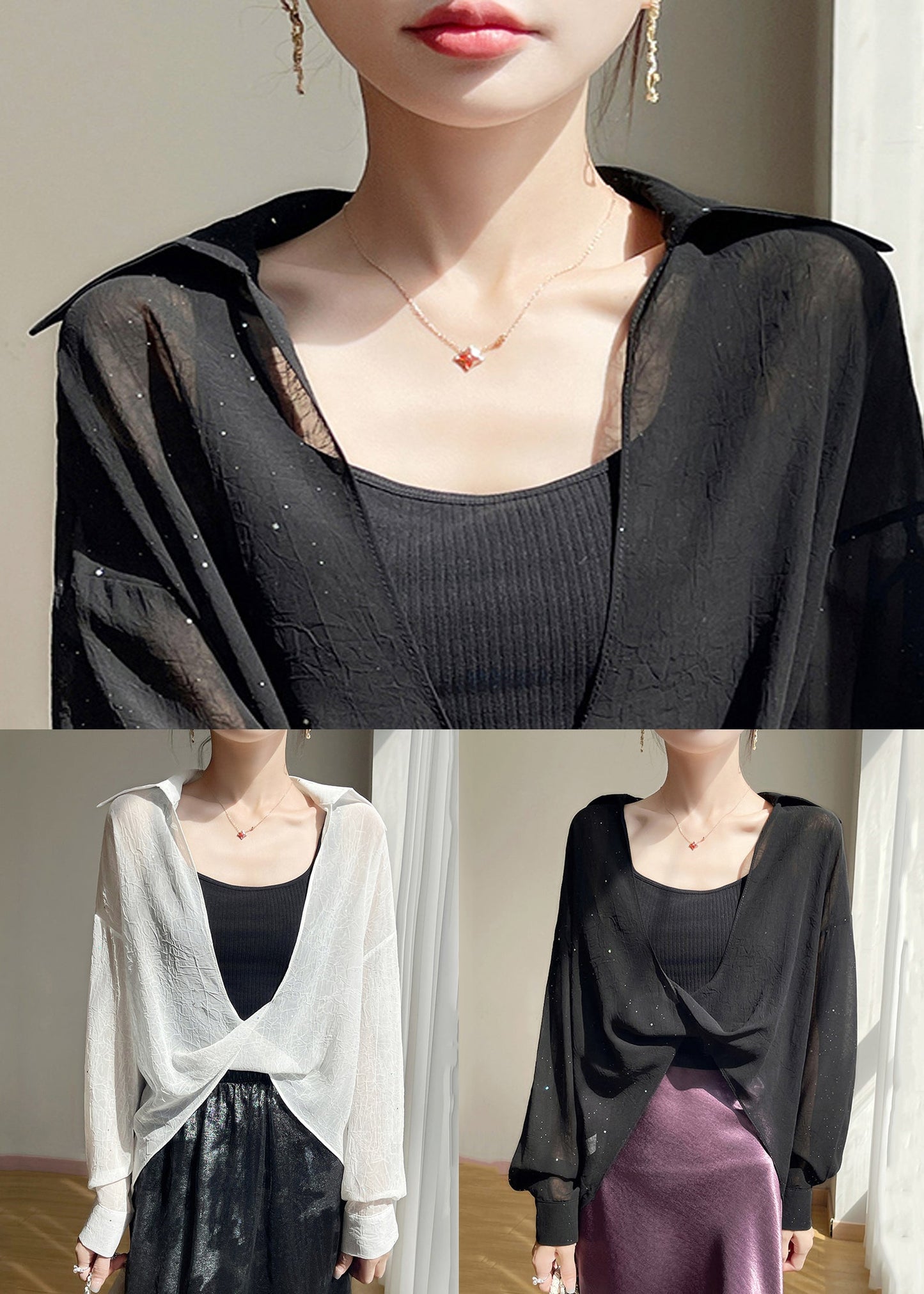 Collar White Sequins Fall Oversized Pan Peter Blouse FashionChic
