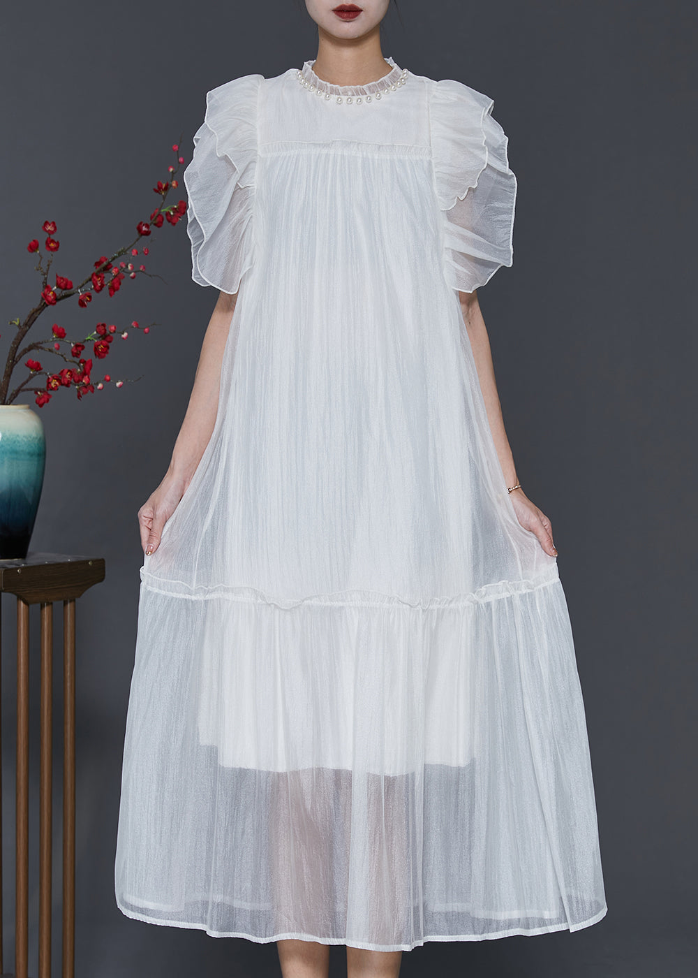 White Silk Long Dress Ruffled Nail Bead Petal Sleeve SD1068 Ada Fashion