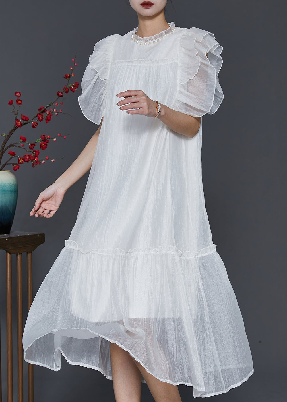 White Silk Long Dress Ruffled Nail Bead Petal Sleeve SD1068 Ada Fashion