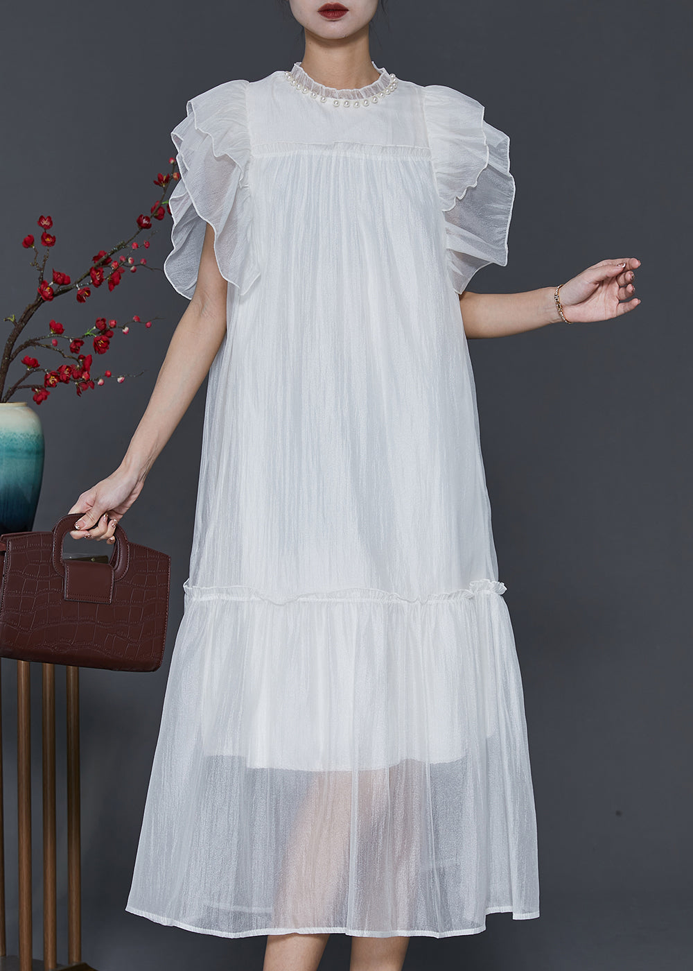 White Silk Long Dress Ruffled Nail Bead Petal Sleeve SD1068 Ada Fashion