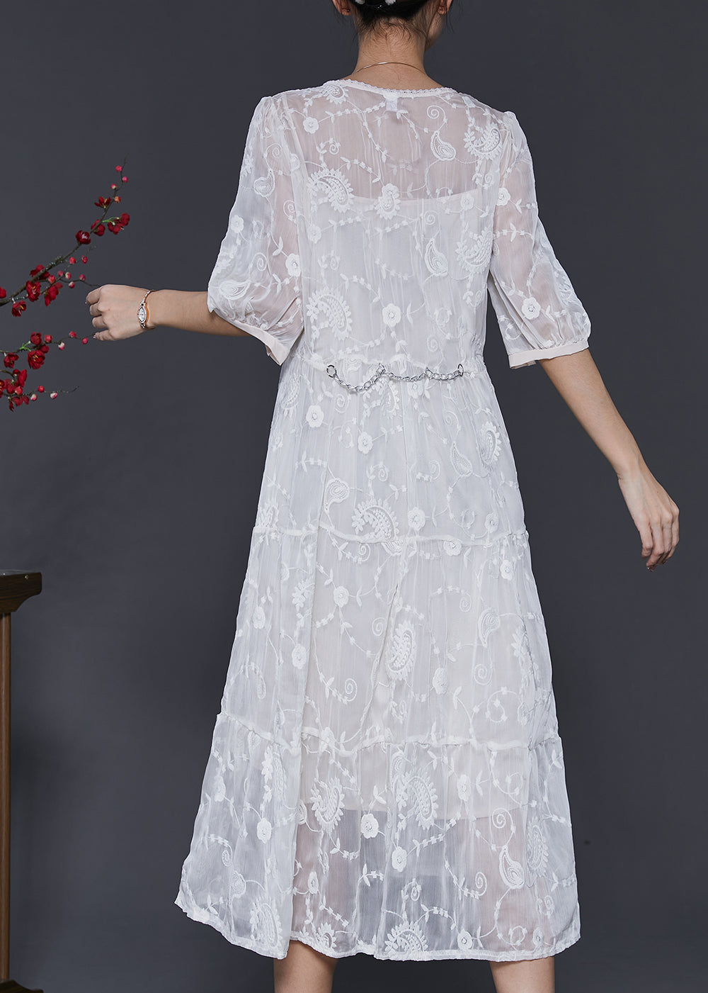 White Silk Maxi Dress V Neck Embroidered Half Sleeve SD1073 Ada Fashion