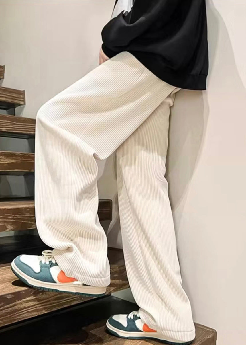 White Solid Loose Warm Fleece Corduroy Men Pants Elastic Waist Spring RM045 ABC