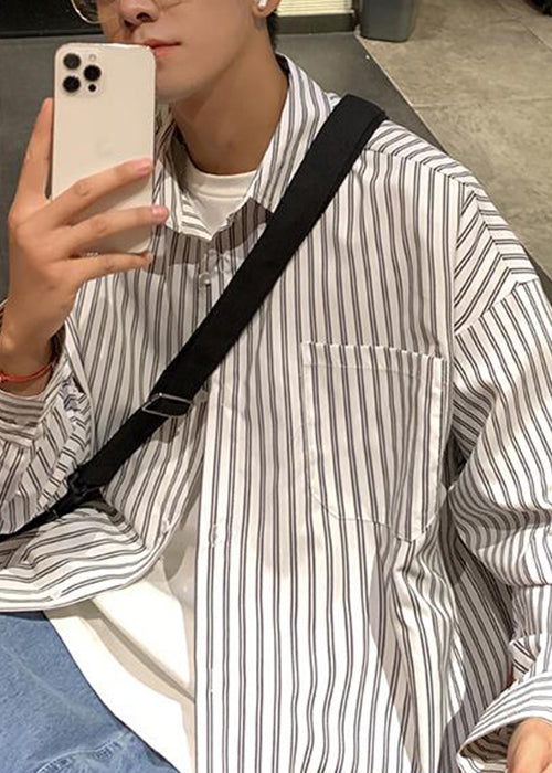 Shirt Collar White Striped Spring Mens Cotton Pockets Peter Pan FashionChic