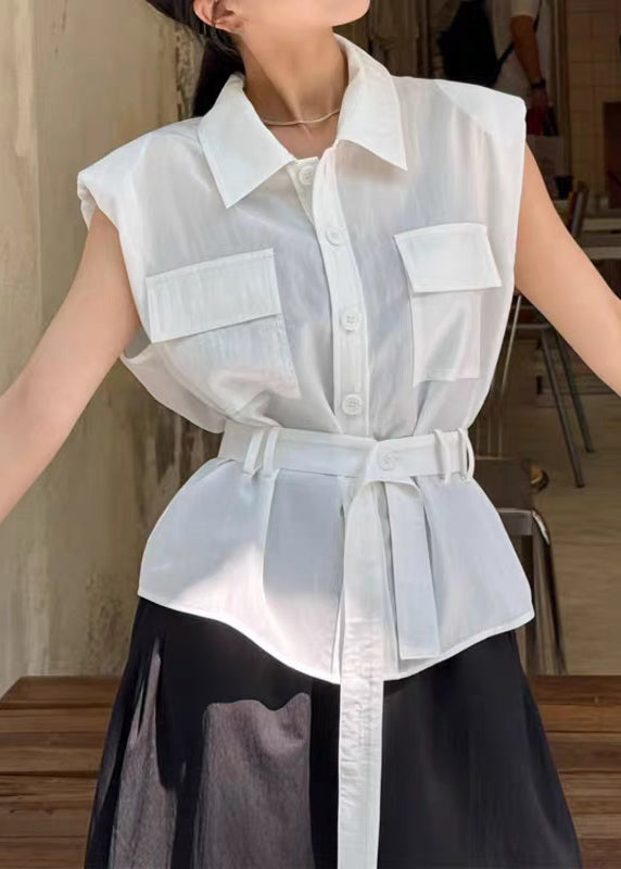 White Tie Collar Cotton Blouses Pan Peter Summer Waist FashionChic