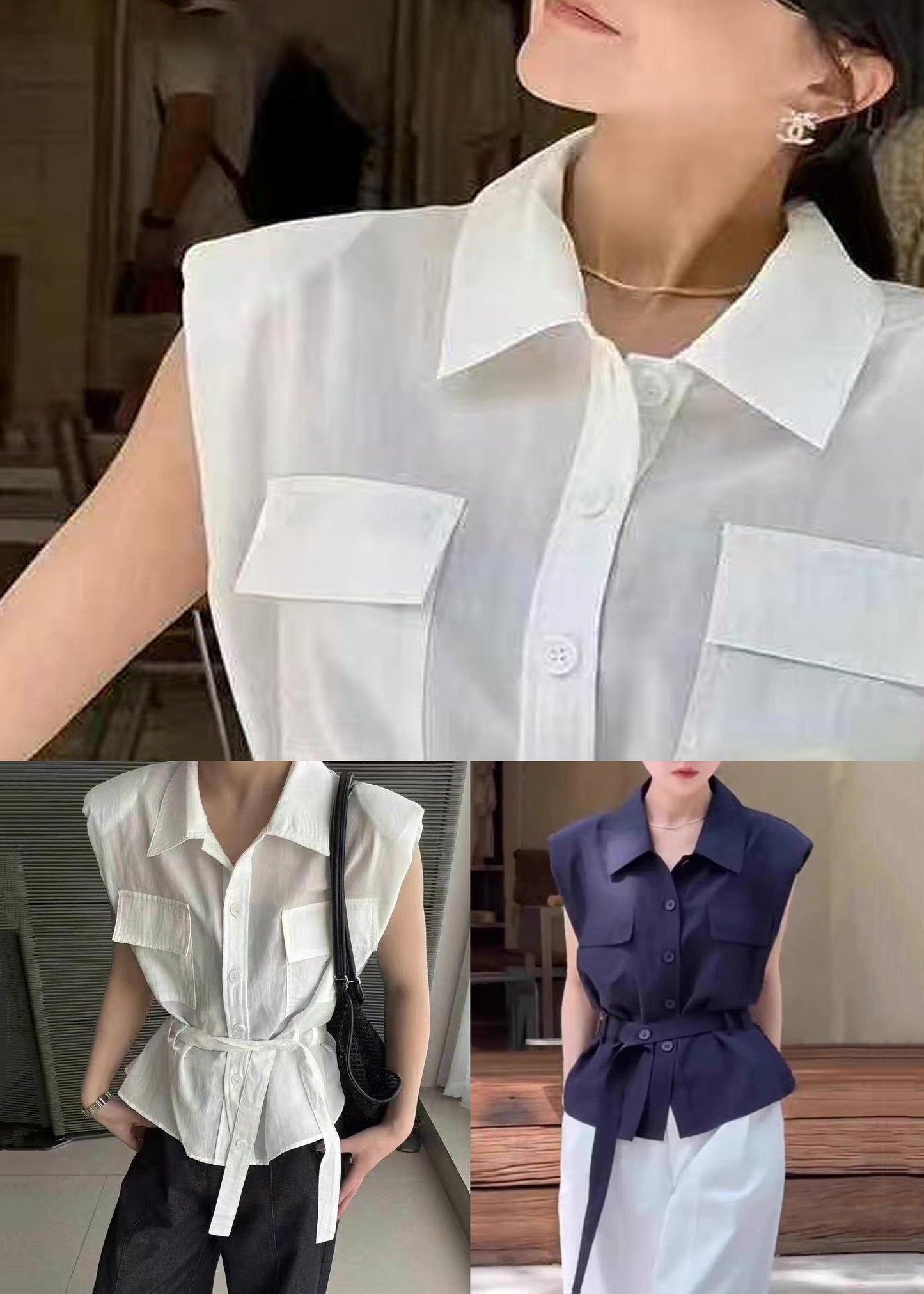 White Tie Collar Cotton Blouses Pan Peter Summer Waist FashionChic
