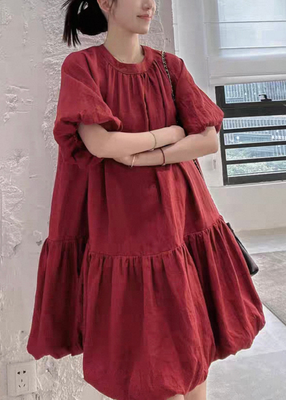 Button Solid Wine O Linen Puff Sleeve Dresses Neck Back Red FashionChic