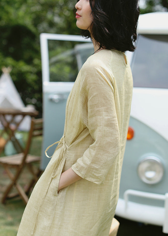 Women Apricot Embroidered Tie Waist Linen Dress Summer TM025 ABC