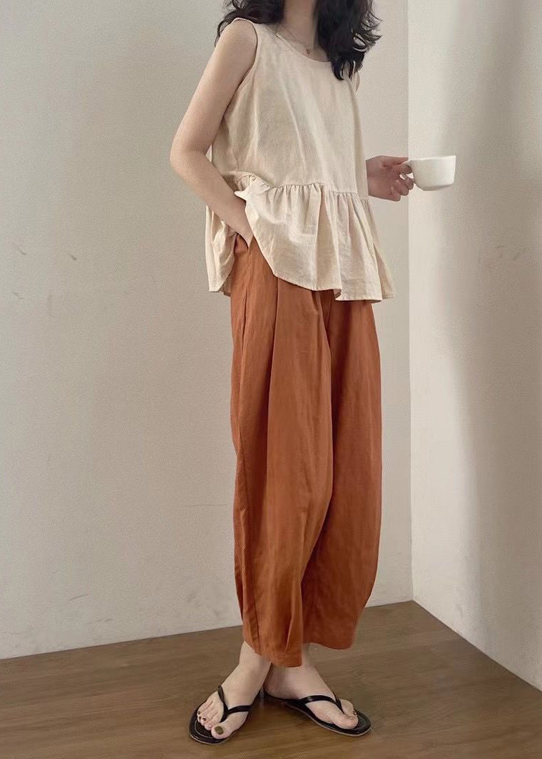Set Two Summer Oversized Piece Linen Clothing Apricot Women FashionChic
