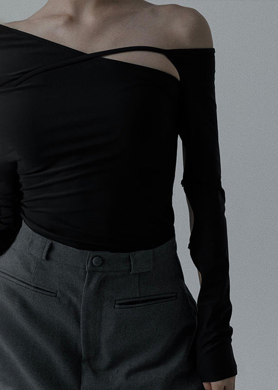 Women Black Asymmetrical Hollow Out Cotton Dance T Shirt Spring YZ040 ABC