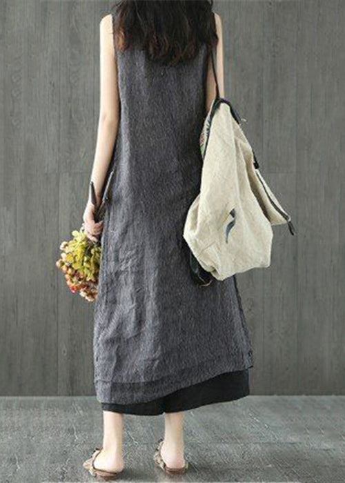 Women Black O Neck Pockets Linen Long Dresses Sleeveless FF064 MZF-SDL240607