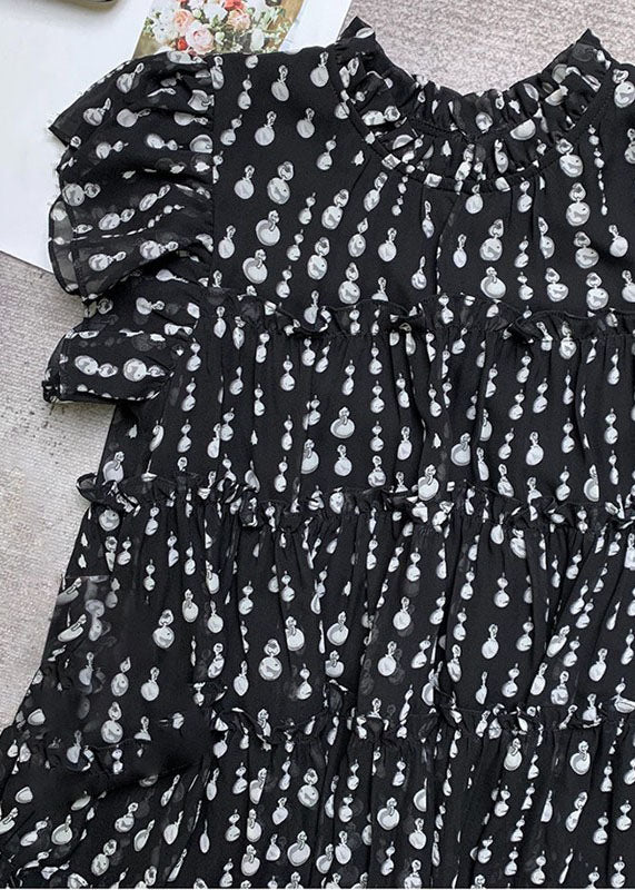 Women Black O-Neck Ruffled Patchwork Dot Print Long Dress Short Sleeve VB1055 Ada Fashion