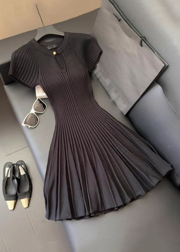 Women Wrinkled Solid Dress Neck Summer Knit Mid O Black FashionChic