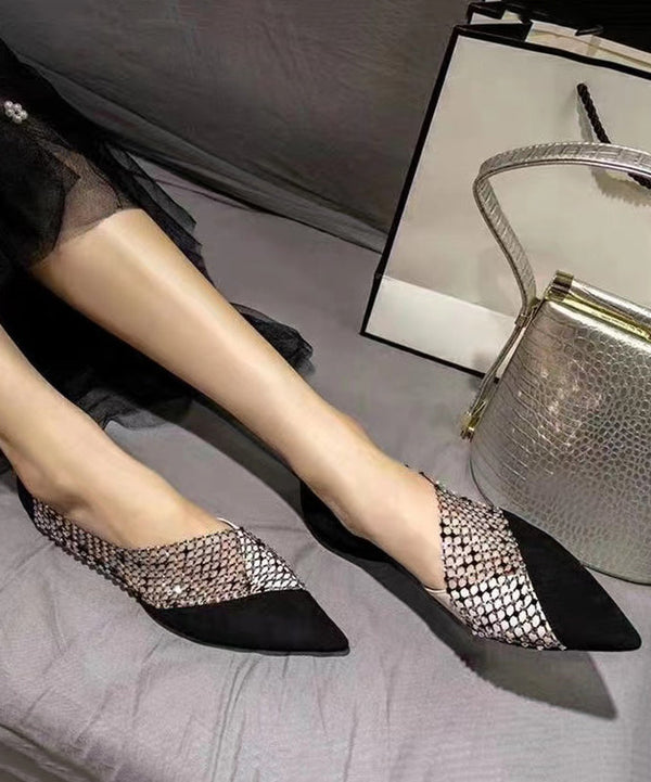 Women Black Pointed Toe Tulle Zircon Flat Shoes For RT1005 Ada Fashion
