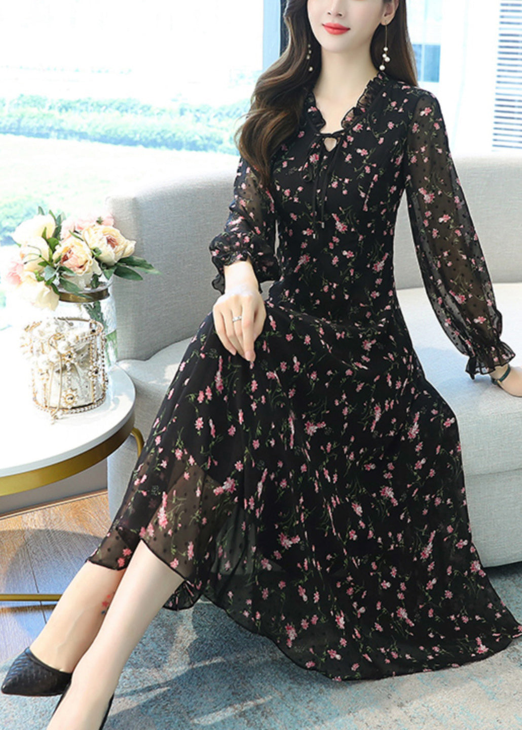 Women Black Ruffled Print Chiffon Long Dress Spring OO022 OM-CS240814